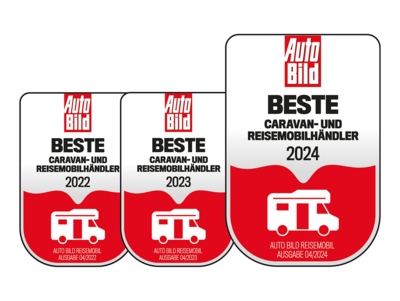 Drei Auszeichnungssiegel der AutoBild für Niesmann Caravaning als beste Caravan- und Reisemobilhändler 2022, 2023 und 2024. 